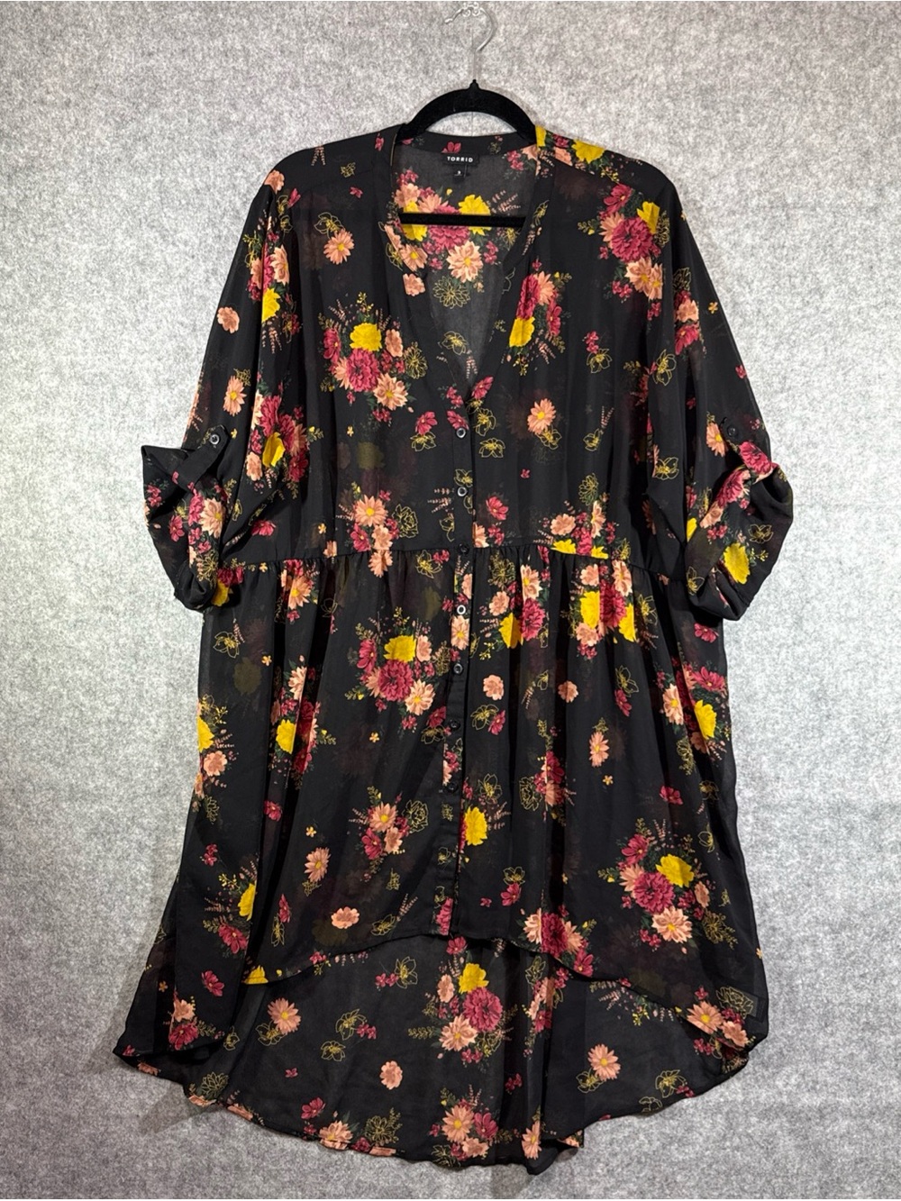 Torrid Sheer Dress - Womens 3X - Black Pink Yellow Floral Button Front Roll Tab